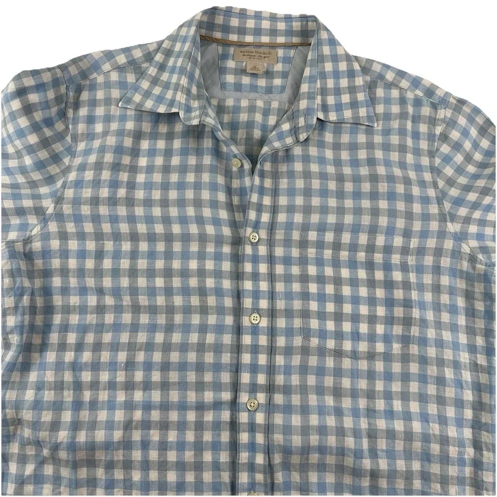 Banana Republic 100% Linen Shirt Men Medium White Blue Gingham Plaid Long Sleeve
